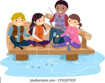 Illustration of Stickman Teenage Girls and Guys Friends Fishing in a Lake, Sitting on a Dock