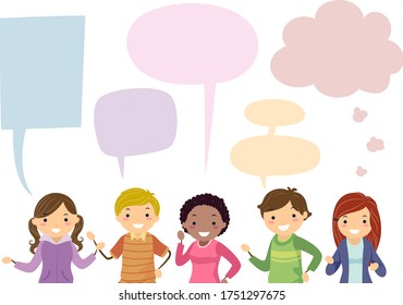 Illustration of Stickman Teenage Girls and Guys with Blank Speech and Thinking Bubbles