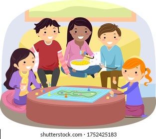 Illustration of Stickman Teenage Girls and Guys Friends Playing a Board Game at Home