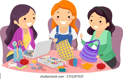 Illustration of Stickman Teenage Girls Hanging Out as Friends and Sewing Crafts