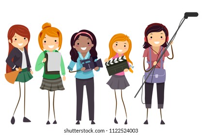 Illustration of Stickman Teenage Girls Holding Production Equipment for Making Film