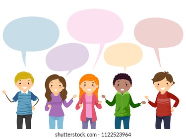 Illustration of Stickman Teenage Guy and Girl Talking with Blank Speech Bubbles