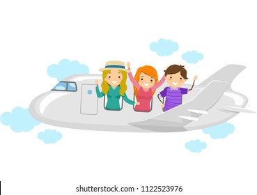 Illustration of Stickman Teenage Guy and Girl Inside an Airplane Travelling