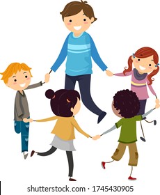 Illustration of Stickman Teenage Guy Playing with Kids in Circle