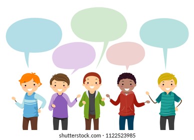 Illustration of Stickman Teenage Guys Talking with Blank Speech Bubbles