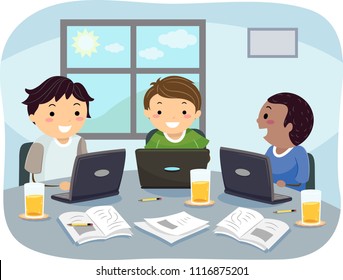 Illustration of Stickman Teenage Guys with their Laptops Studying or Working as a Group