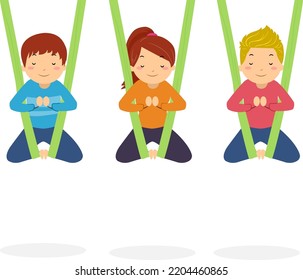 Illustration of Stickman Teens Girl and Boys Doing Aerial Yoga Using Hammocks