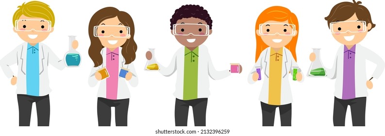 Illustration of Stickman Teens Guy and Girl Scientists Wearing Laboratory Coat and Safety Glasses Holding Conical Flasks, Test Tube, Beaker, and Flat Bottomed Flask