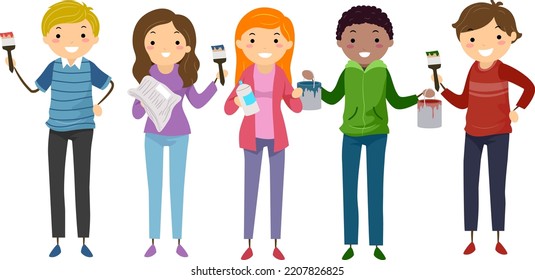 Illustration Of Stickman Teens Holding Brushes, Paint Cans And Newspaper As Cover For Mural Painting