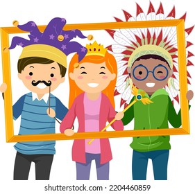 Illustration Of Stickman Teens Holding Frame Wearing Clown Hat, Fake Mustache, Crown, Wand And Feather Headdress For Friends Day Photoshoot