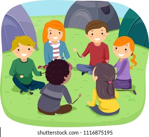 Illustration of Stickman Teens Sitting in Circle Outdoors with their Camping Tent