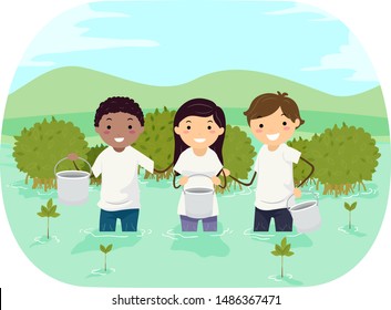 Illustration of Stickman Teens Wearing White Shirts and Planting Mangroves