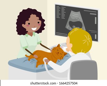 Illustration of Stickman Woman and a Veterinarian Man Doing Ultrasound Screening of the Kitten Inside Her Pet Cat