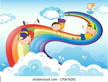 Illustration of the stickmen playing with the rainbow