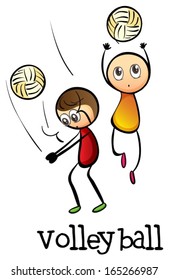 Illustration of the stickmen playing volleyballs on a white background