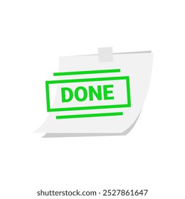 Illustration of a sticky reminder note with a bold DONE stamp, symbolizing task completion or achievement. for productivity, work management, or to do list applications, finished tasks, goals