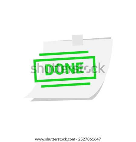 Illustration of a sticky reminder note with a bold DONE stamp, symbolizing task completion or achievement. for productivity, work management, or to do list applications, finished tasks, goals
