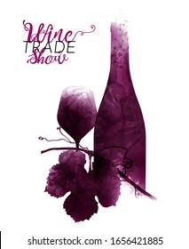 illustration of still life with bottle and glass of wine and vine leaf. Artistic illustration with red wine stains. Poster, cover, advertisement, flyer for wine events. Vector
