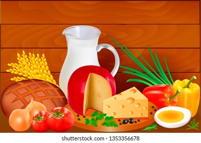 Illustration still life of bread, milk cheese, tomatoes, onion, bell pepper and egg