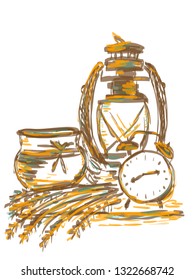 Illustration still life with an old lamp, alarm clock and grain