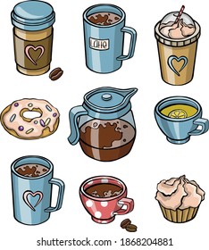 Illustration with still life of tea set and cupcakes