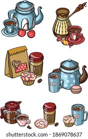 Illustration with still life of tea set and cupcakes