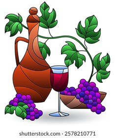 Illustration with still life, wine bottles, grapes and fruits isolated on a white background