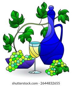 Illustration with still life, wine bottles, grapes and fruits isolated on a white background