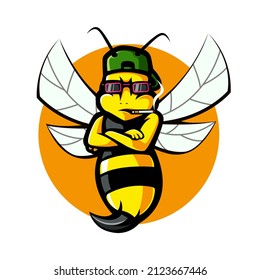 Illustration of a stinging bee wearing glasses and a hat while smoking