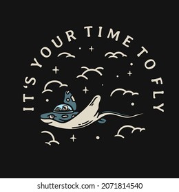 illustration of a stingray flying into the night sky with a skull riding it on the head with slogan