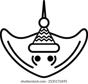 Illustration of a stingray wearing a Santa hat in line art style.