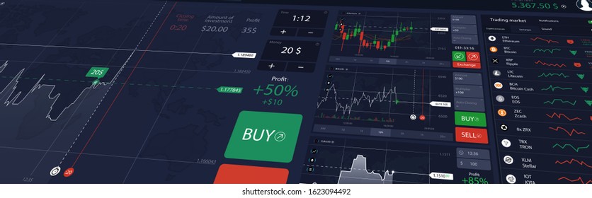 Illustration stock market or forex trading platform with dashboard interface. Perspective view, website header banner. Economic trends and stock exchange. Binary option. Vector illustration