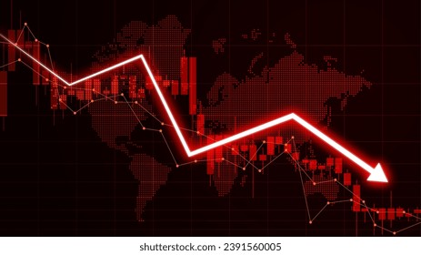 Illustration of stock market losses. Bankrupt financial information concept with arrows pointing down. Descending trading graph