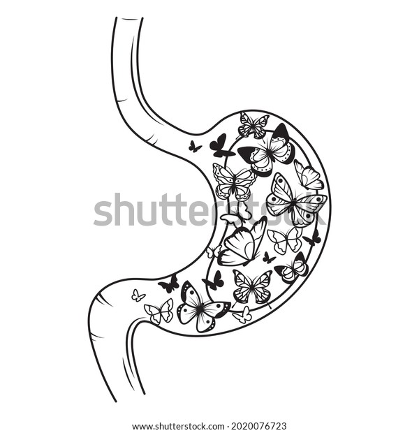 Illustration of a stomach with butterflies.\
Anatomy. Human organ. Insects. Love\
symbol.