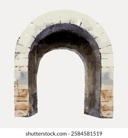 Illustration of a stone archway, featuring a weathered stone texture. The archway has a rustic, historical feel, with stone details and a classic arch shape. Vintage roman illustration vector.