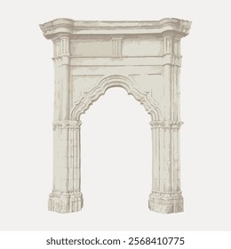 Illustration of a stone archway with intricate carvings. The archway features detailed stonework, showcasing historical architecture and classic design. Vintage art, isolated vector element.