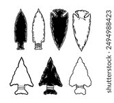 Illustration of stone arrowhead. Design element for poster, card, banner, logo, emblem. Vector illustration