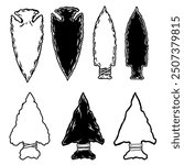 Illustration of stone arrowhead. Design element for poster, card, banner, logo, emblem. Vector illustration
