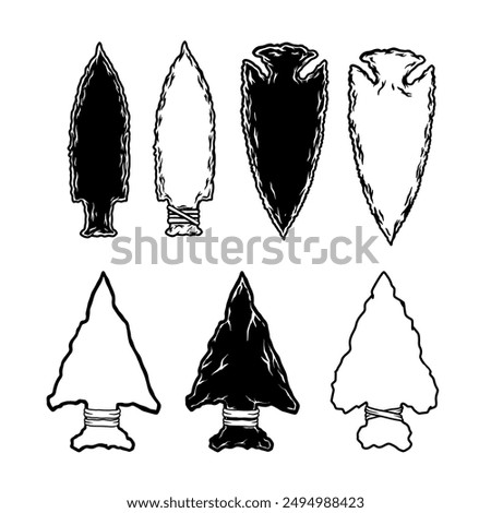 Illustration of stone arrowhead. Design element for poster, card, banner, logo, emblem. Vector illustration