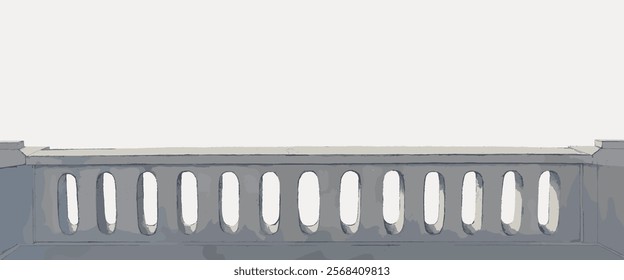 Illustration of a stone balustrade. The balustrade features vertical columns. Stone balustrade design with classic architectural elements. Vintage art drawing illustration, old painting vector.