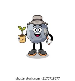 Illustration of stone cartoon holding a plant seed , character design