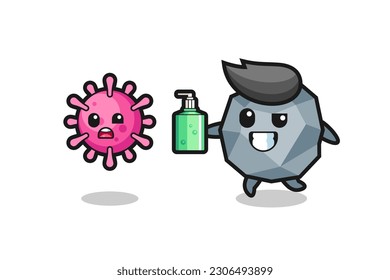 illustration of stone character chasing evil virus with hand sanitizer , cute style design for t shirt, sticker, logo element