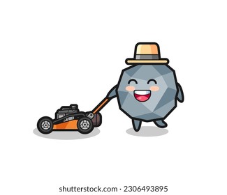 illustration of the stone character using lawn mower , cute style design for t shirt, sticker, logo element