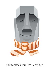 Illustration of a stone head from Easter Island wearing a striped scarf