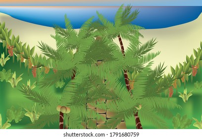 
illustration of a stone path to a tropical beach, along the path coconut trees, tropical vegetation and flowers, blue ocean, blue sky, orange sunset