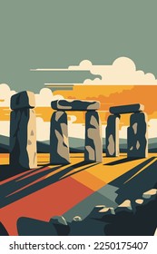 illustration Stonehenge, Wiltshire, England tourism attraction flat color vector banner poster design template