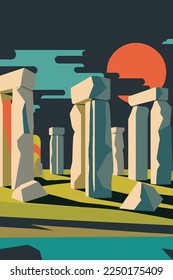 illustration Stonehenge, Wiltshire, England tourism attraction flat color vector banner poster design template