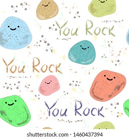 Illustration Of Stones And The Words You Rock. American Slang On A White Background. Cool Expression For A Man. Vector Background With Cartoon Stones. You Rock Motivational Card. You Rock Pattern