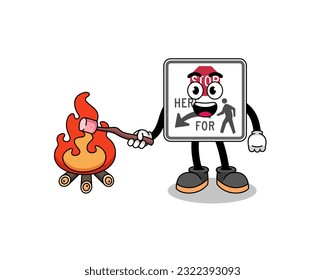 Illustration of stop here for pedestrians burning a marshmallow , character design