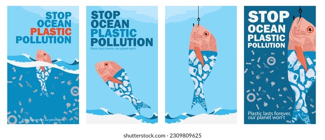 illustration stop ocean plastic pollution, protect nature and the environment. fish full of plastic waste. vector template for card, poster, banner, flyer.